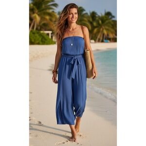 Becca Jumpsuit Women L Blue Strapless Wide Leg Belt Cropped Resort Night Out NEW
